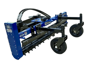 blue and black MTW brand tractor with a front-mounted rake attachment. This heavy-duty tractor is designed for landscaping and construction work.